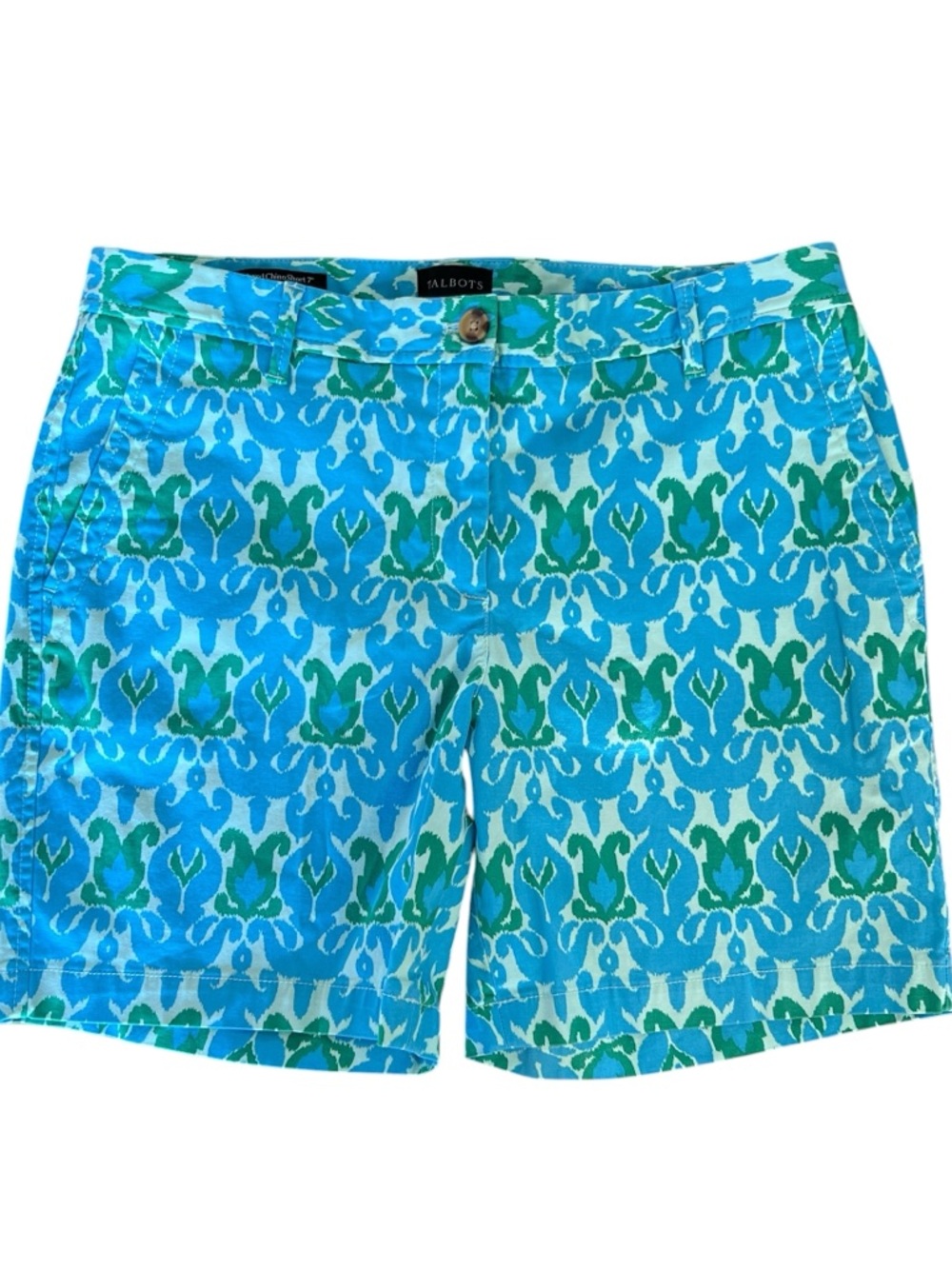 Talbots Relaxed Chino Shorts Size 8 Blue Green Ikat Print 7” Inseam Preppy
